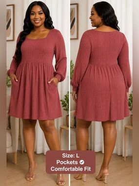 SHERRYRiSE size L BNWT Rose Pink Ribbed Dress With Pockets Long Sleeve